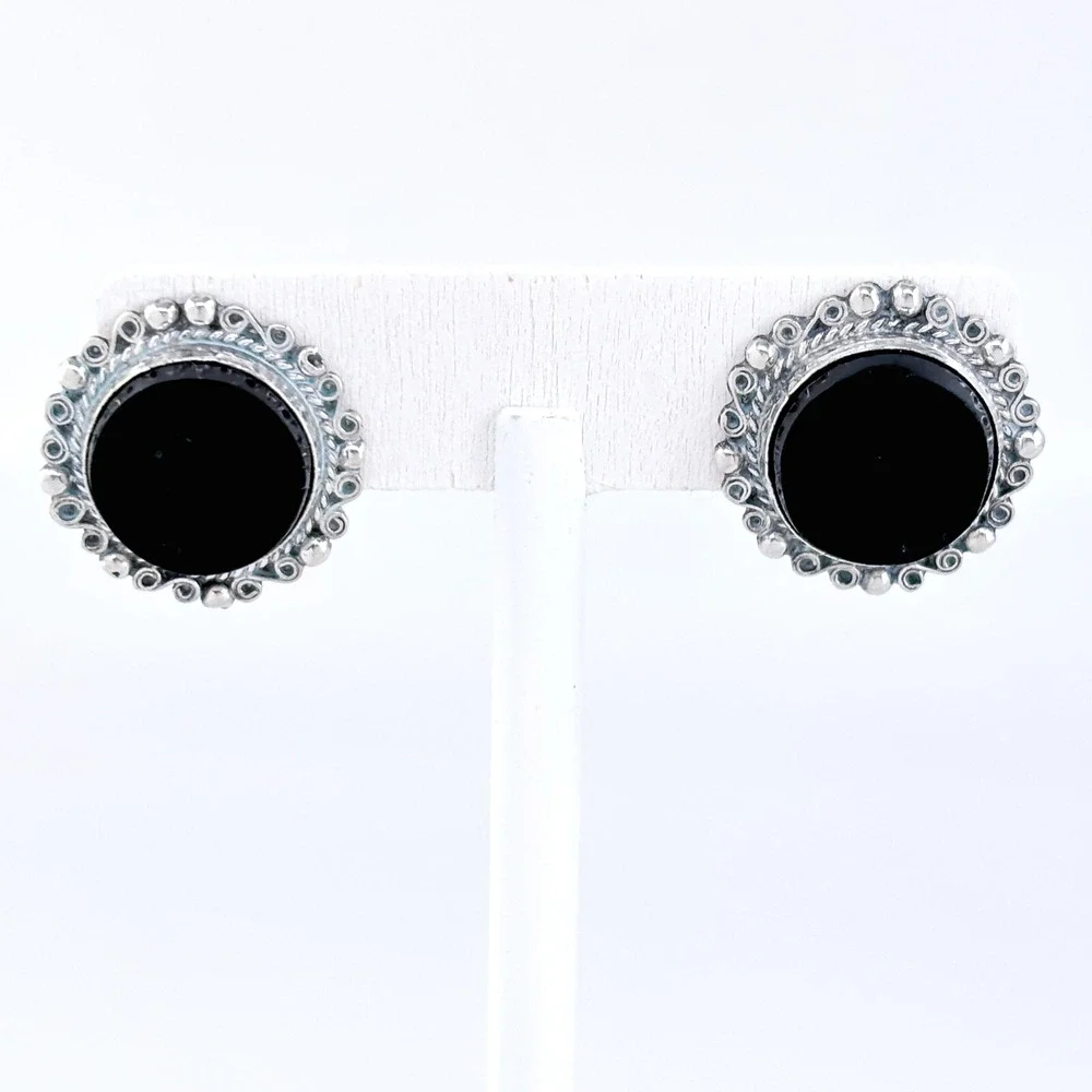 Vintage Mexico Sterling Silver 925 Onyx Clip-On Earrings